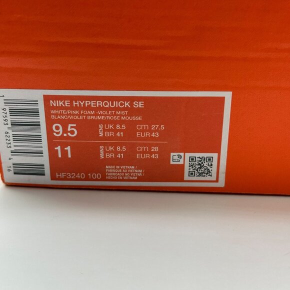 Men's Size 9.5= Women Size 11 Nike Hyperquick SE White Pink Foam Violet Mist - Picture 9 of 10